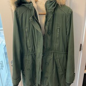 Green Parka with Faux Fur Hood